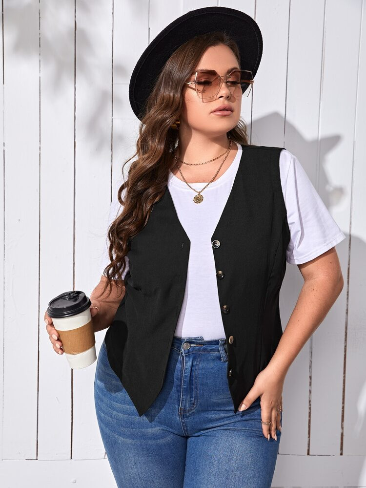 Plus Button Front Vest Blazer | SHEIN