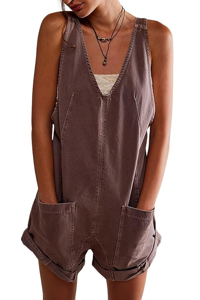 CHARTOU Women Casual Denim Short Overalls Rolled Cuff Barrel Shorts Jumpsuit Rompers | Amazon (US)