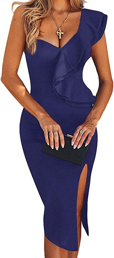 UONBOX Women's One Shoulder Sleeveless Knee Length Side Split Fashion Bandage Dress | Amazon (US)