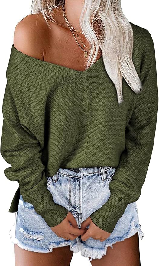 Oftalle Women V Neck Sweaters Long Sleeve Oversized Knit Jumper Off Shoulder Pullover Sweater Top... | Amazon (US)