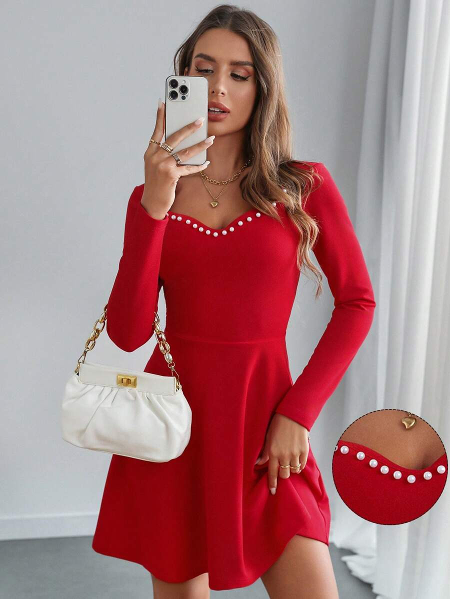 SHEIN Privé Women's Elegant Short Dress With Faux Pearl Decoration, Sweet Heart Neck, Long Sleev... | SHEIN