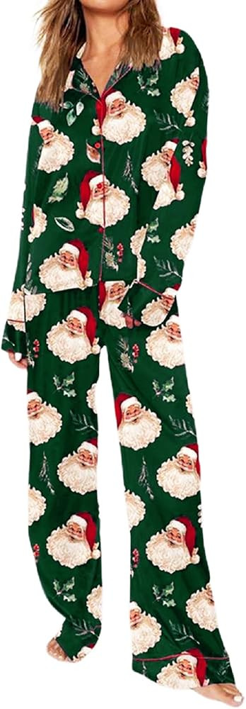 Faretumiya Women Silk Satin Christmas Pajamas Xmas Long Sleeve Sleepwear Holiday Print Two Piece ... | Amazon (US)