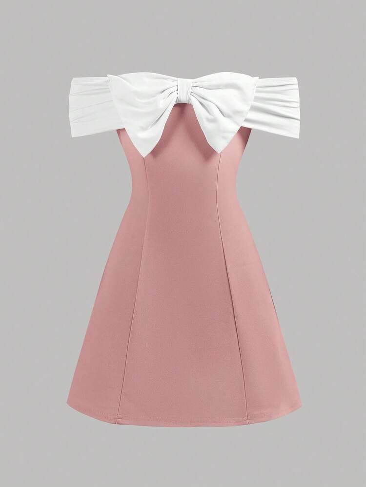 Girlism Tween Girls Contrasting Bow Tie Shoulder Cutout Mini Dress, Black, Back-To-School, Fall Dresses, Homecoming Dresses Bow Knot Dress Pink Bow Dress Off Shoulder Dress Casual Dress Elegant Dress | SHEIN