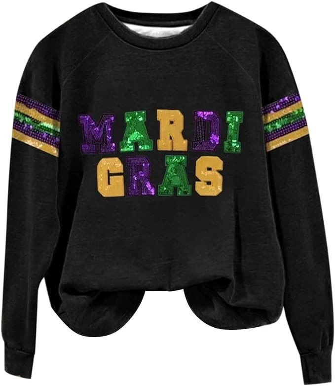 Mardi Gras Shirts for Women 2024 Casual Long Sleeve Sequin Sparkly Printed Crewneck Sweatshirts R... | Amazon (US)