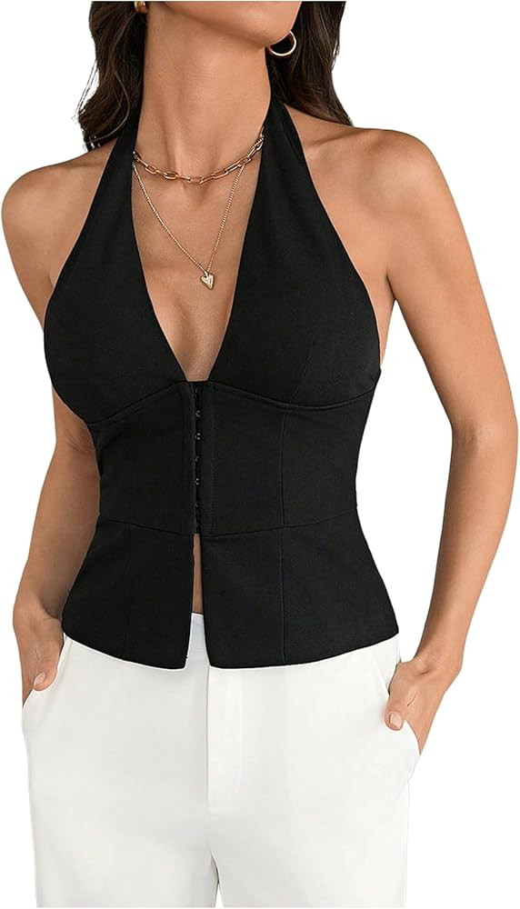 MakeMeChic Women's Deep V Neck Halter Corset Top Open Back Sleeveless Office Work Suit Vest Black Tall-XS at Amazon Women\u2019s Clothing store | Amazon (US)