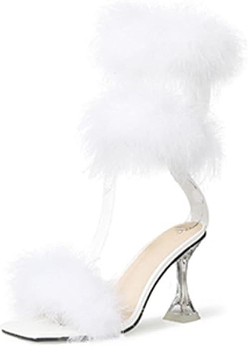YIBLBOX Frauen Fluffy Feather Square Toe High Heel Clear Block Heel High Heels Brautkleid Sandale | Amazon (DE)