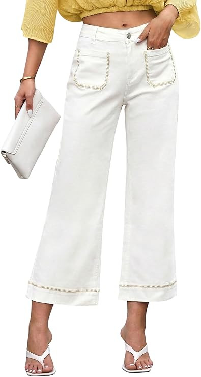 Dokotoo Womens Wide Leg Jeans High Waisted Stretchy Straight Leg Jeans Contrast Stitching Cropped... | Amazon (US)