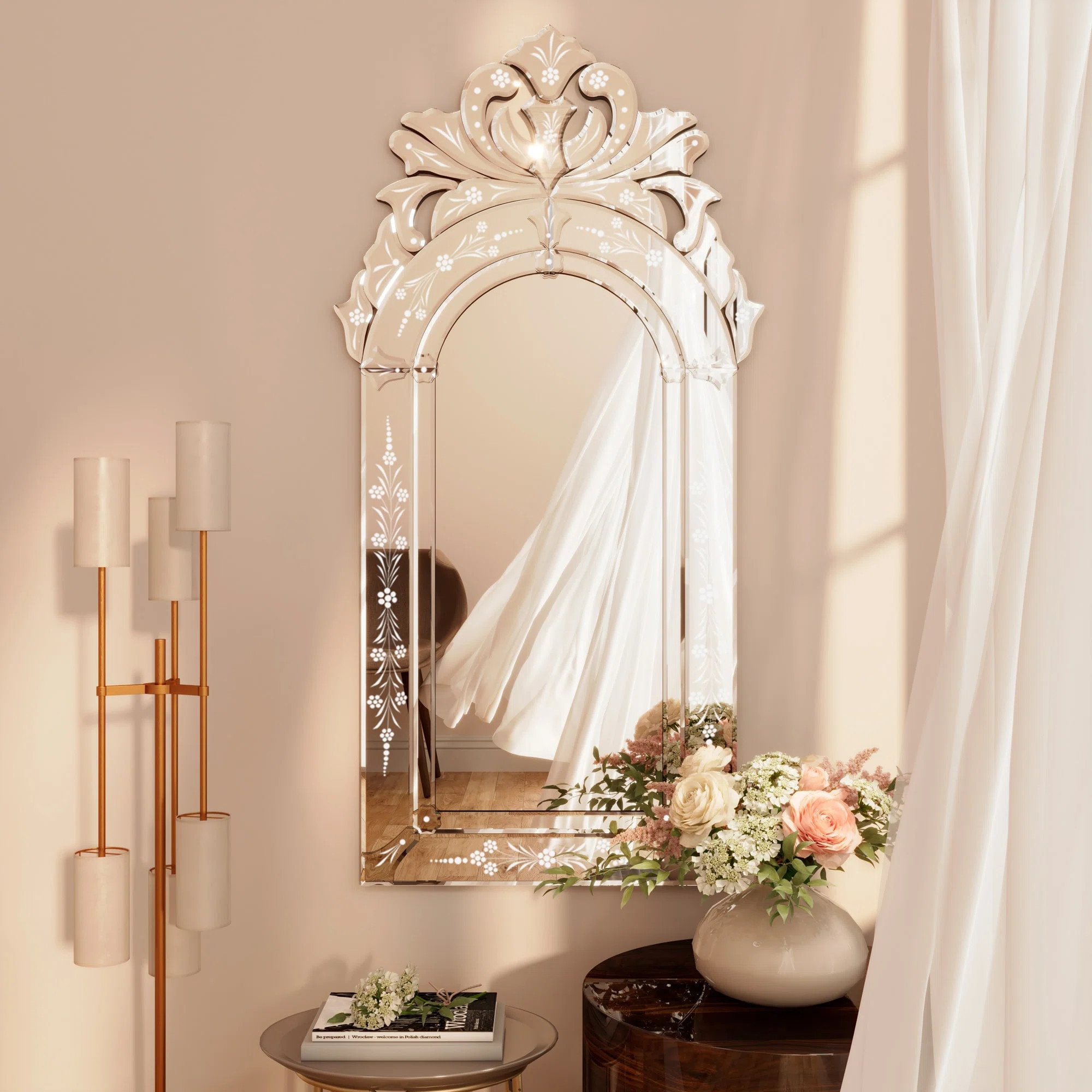 Gisella Beveled Frameless Wall Mirror with Floral Etched Decorative Accent Mirror Window Shaped f... | Wayfair North America
