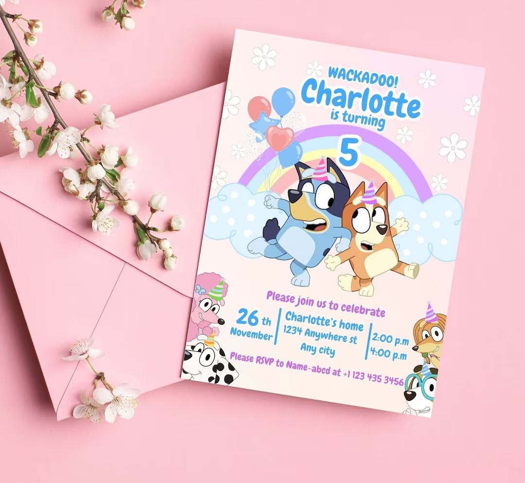 Girl Birthday Invitation, Dog With Rainbow Birthday Invitation Template Printable, Dog Invitation... | Etsy (US)