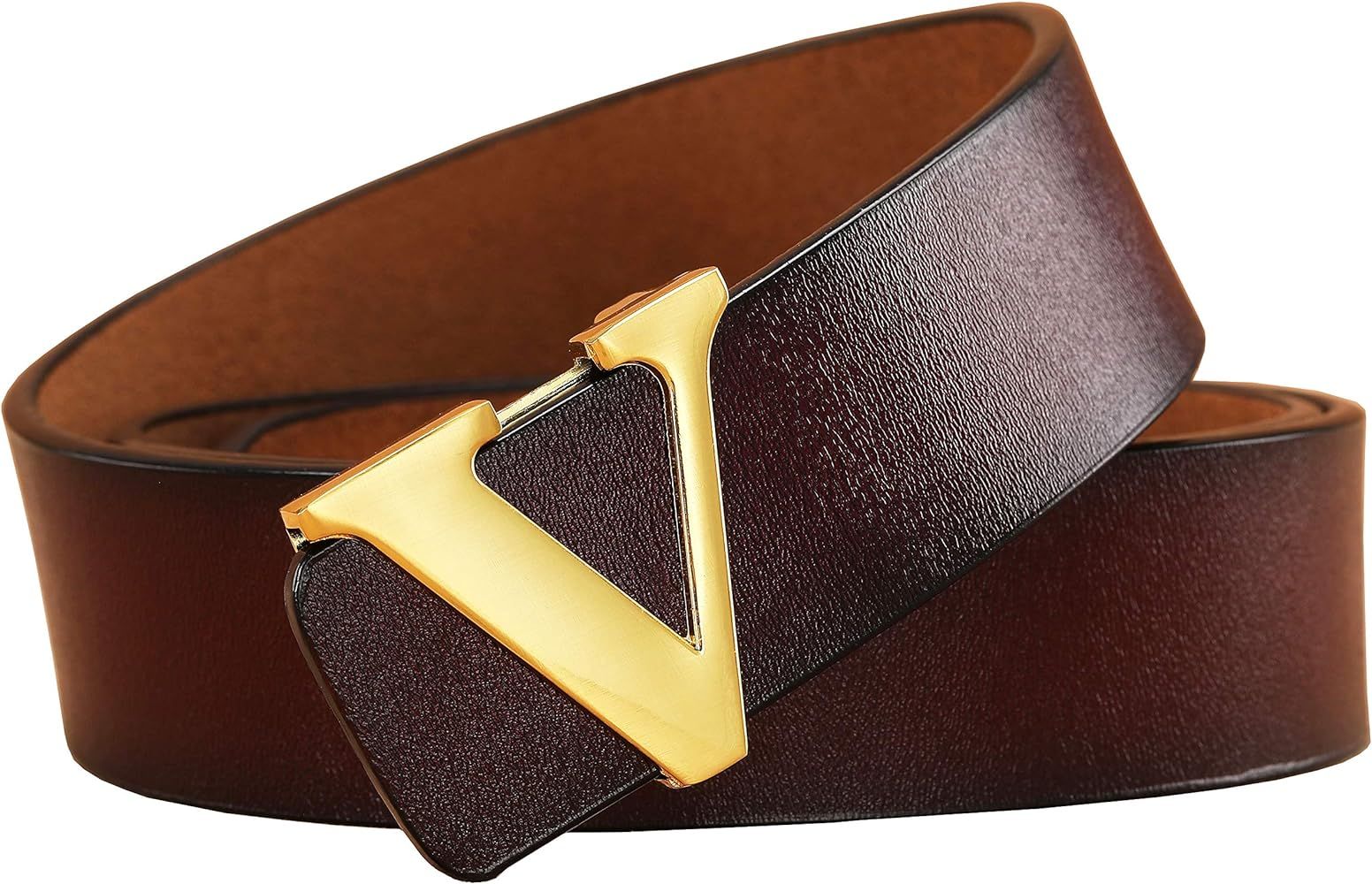 Men's Classic Gold/Silver V-Buckle Design Soft Calfskin Belt | Amazon (US)