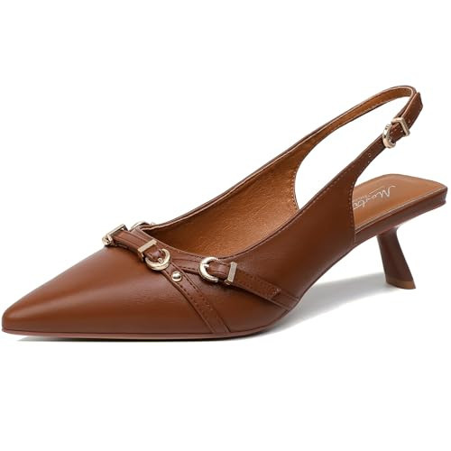 Mostrin Brown Kitten Heels for Women Sexy Pointed Closed Toe Slingback Low Heels Dressy Pumps Shoes with Buckle for Party Size 10 | Amazon (US)
