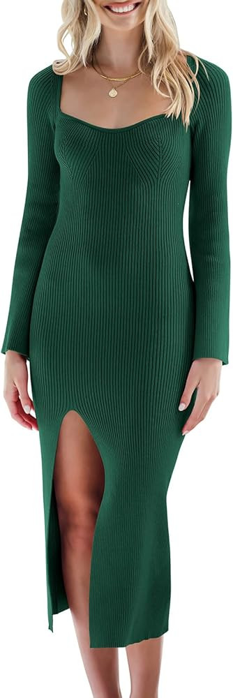 Women's 2023 Fall Bell Long Sleeve Sweetheart Neck Slim Fit Ribbed Knit Side Slit Bodycon Midi Sw... | Amazon (US)