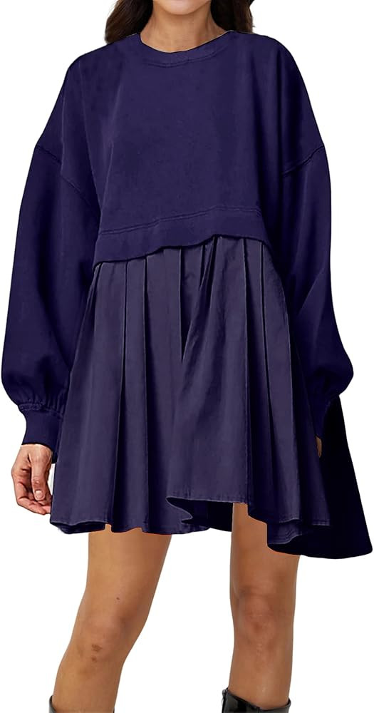 PICPUNMAK Women Oversized Long Sleeve Sweatshirt Dress Patchwork Crewneck Pullover Loose Flowy Pl... | Amazon (US)