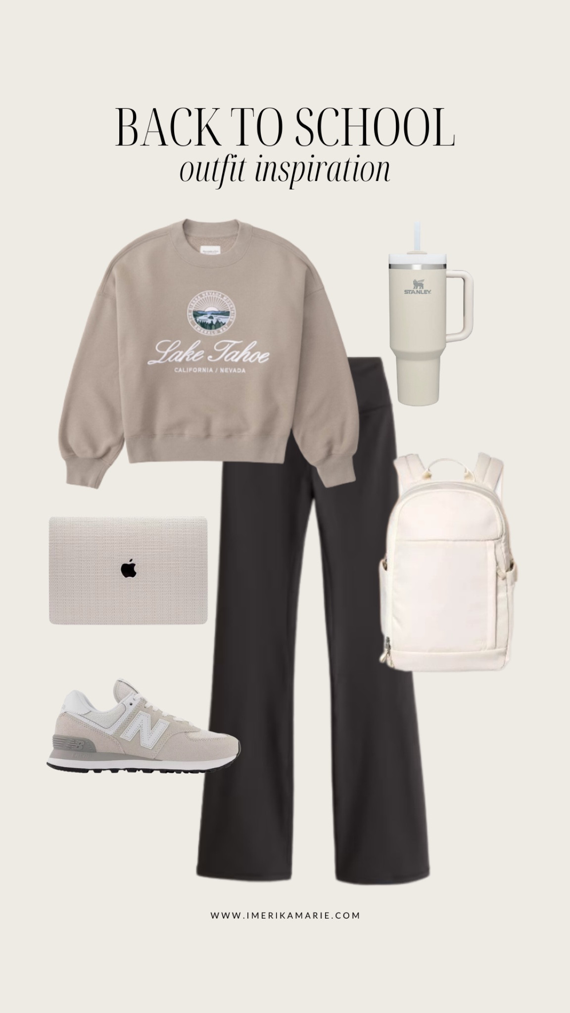 back to school outfit. abercrombie and fitch sweatshirt. flared leggings. new balance shoes. beige backpack. beige laptop case. stanley cup. college outfit.

#LTKstyletip #LTKU #LTKBacktoSchool