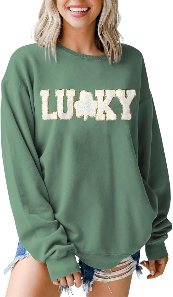 BOUTIKOME St Patricks Day Lucky Sweatshirts Women Sequin Glitter Patch Shamrock Shirt Chenille Ov... | Amazon (US)