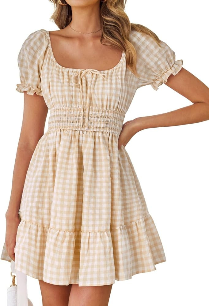 ZESICA Women's 2025 Summer Puff Short Sleeve Plaid Mini Dress Boho Square Neck Ruffle A Line Swin... | Amazon (US)