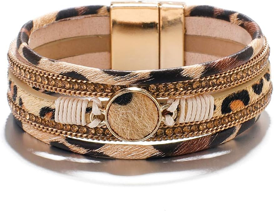 ARVATO Leopard Bracelets for Women Metal Round Charm Horse Hair Multilayer Wide Leather Wrap Brac... | Amazon (US)