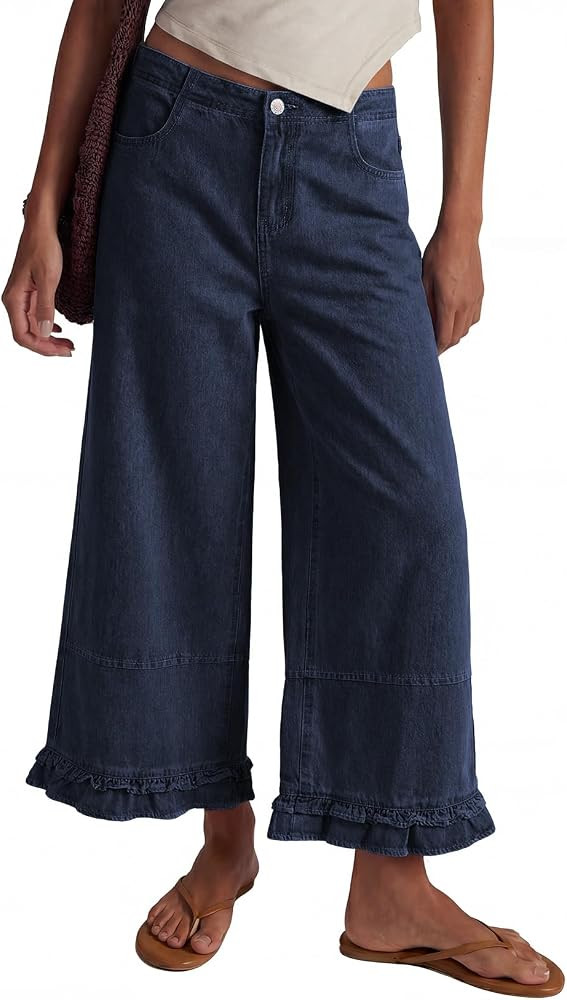 EVALESS Womens Wide Leg Jeans 2026 Trendy Mid-Rise Cropped Baggy Jeans Loose Fit Cute Ruffle Hem ... | Amazon (US)