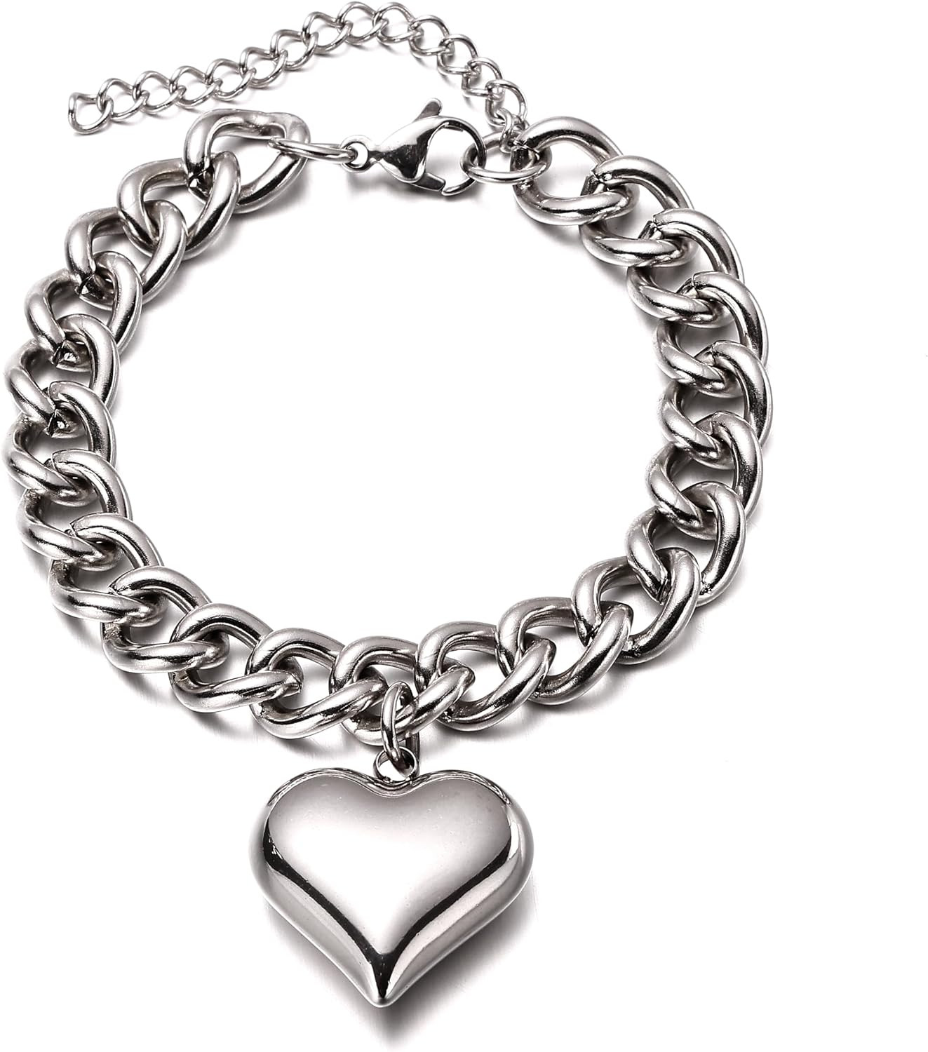 Stainless Steel Statement Chunky Big Puffy Heart Charms Bracelet for Women Thick Statement Chain Link Bracelets for Lover | Amazon (CA)