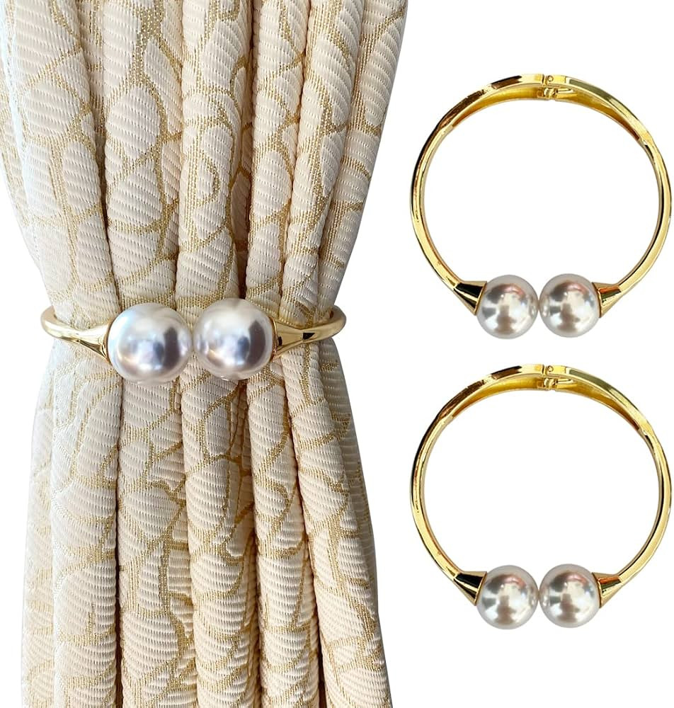 2 Pieces Ukayo Metal Gold Blackout Curtain Holdbacks, Pearl Decor Durable Spring Curtain Tiebacks... | Amazon (US)