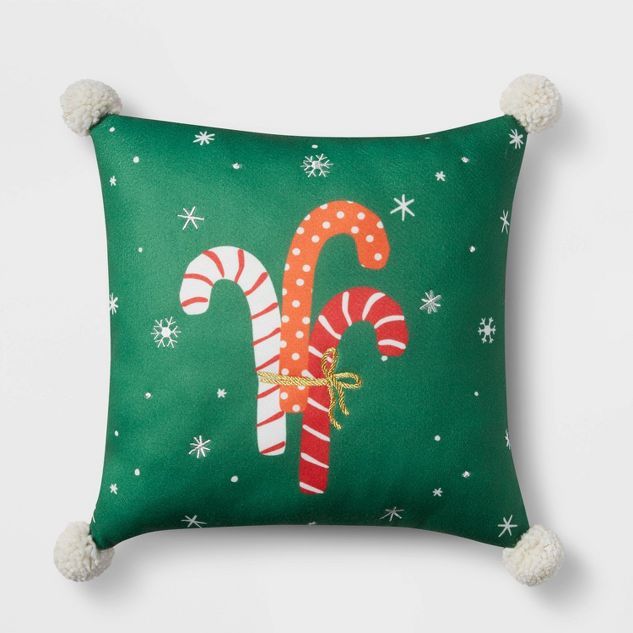 Reversible Candy Cane/Polka Dot Decorative Pillow with Poms  - Wondershop™ | Target