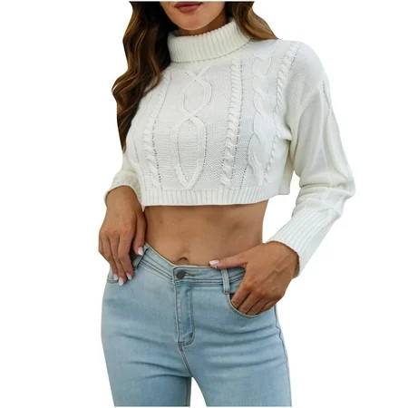 Women Crop Sweater Fashion Solid Color Long Sleeve Cable Knit Ruched Turtleneck Pullover Casual Knit | Walmart (US)