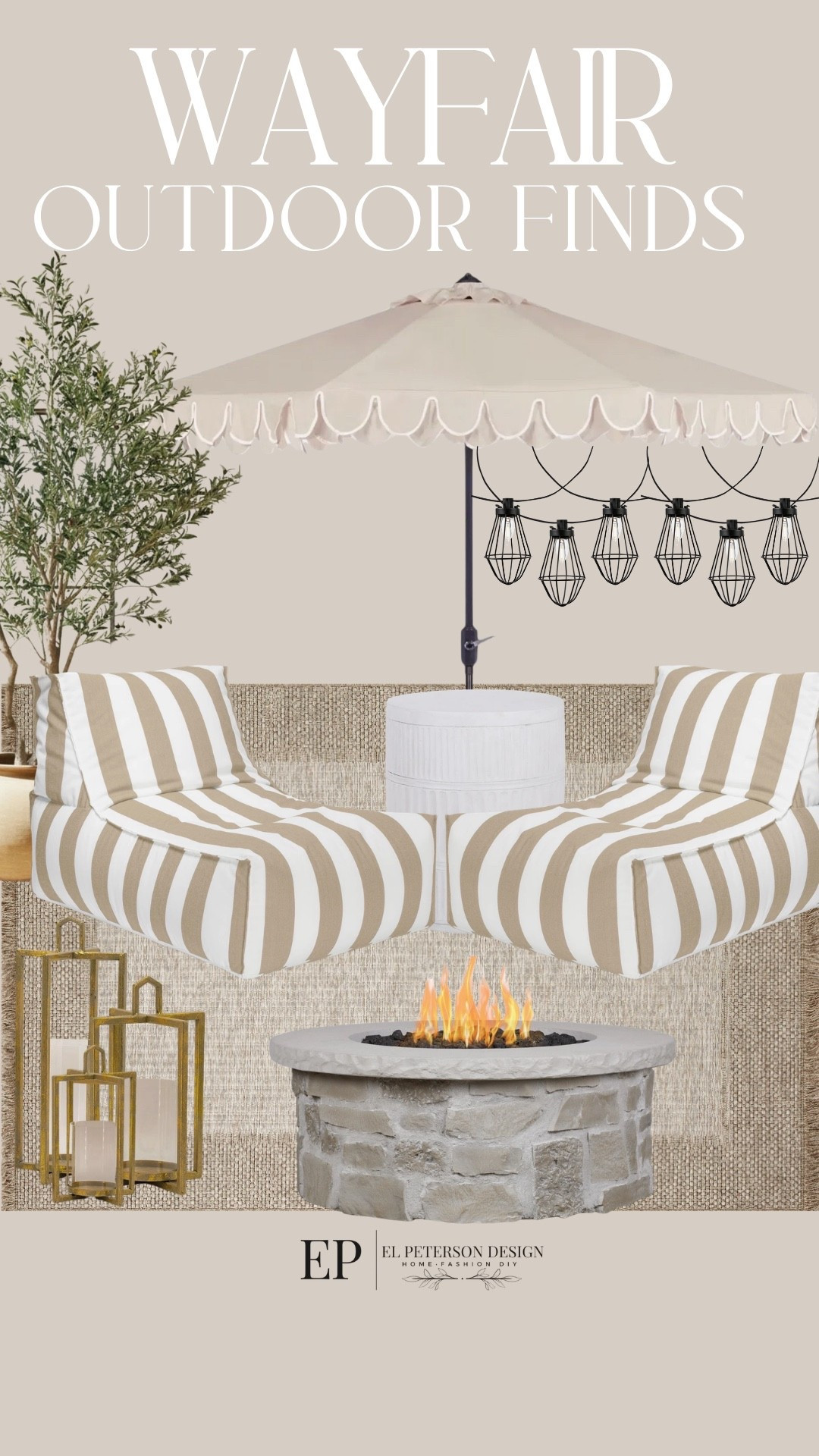 #AD @wayfair #wishyouwerehere, #outdoor, #Wayfair, #WayfairPartner

Wayfair 
Outdoor finds
Floor lantern
Outdoor umbrella
Fire pit
Olive tree
String lights
Outdoor pouf
Outdoor end table 

#LTKHome