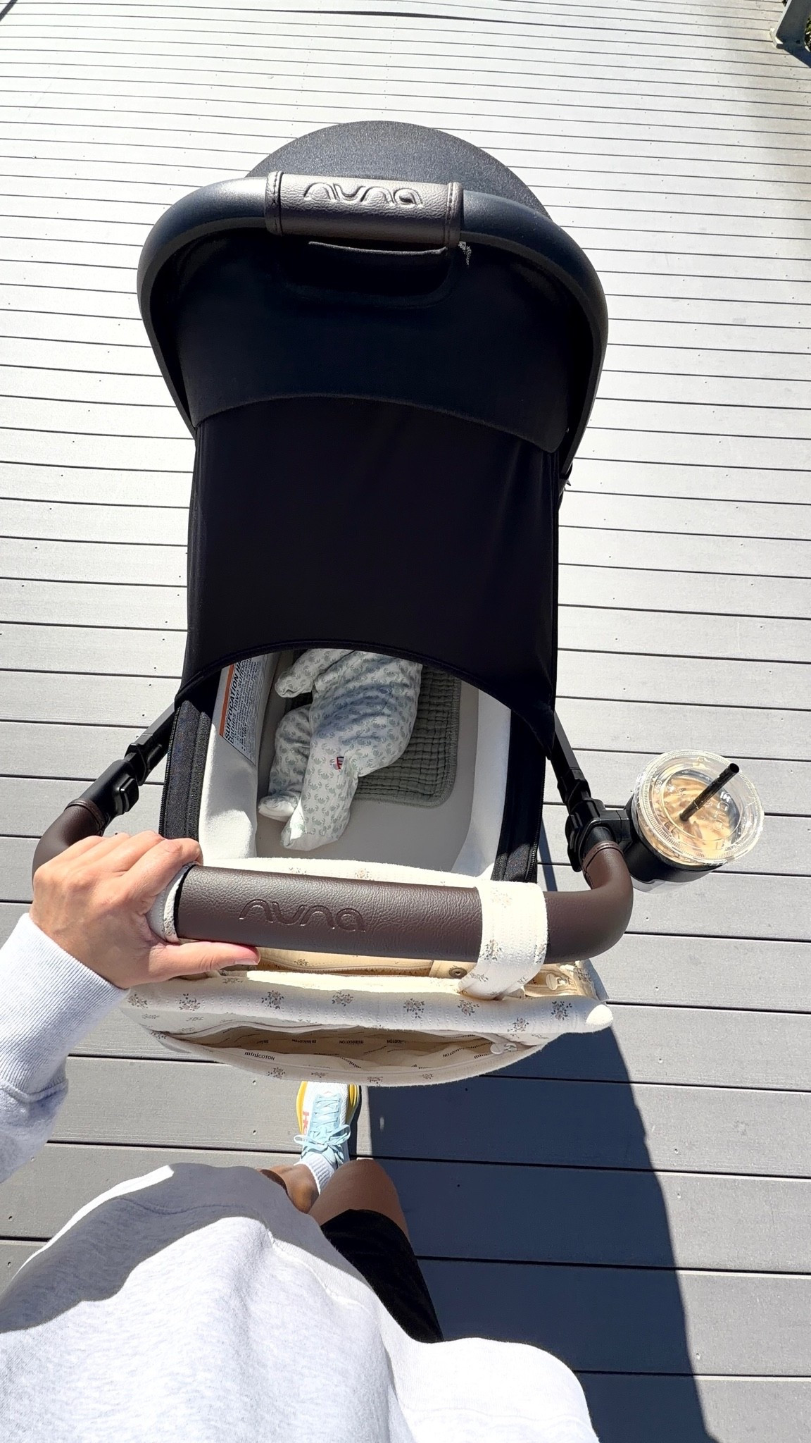 [10/12/26] stroller is the MIXX™ Next & PIPA™ Aire RX (biscotti) paired with the Nuna MIXX series Bassinet (chocolate/caviar) and the Demi cup holder attachment. Stroller bag is from MiniCoton, unfortunately not linkable! 

William is wearing magnetic me and I’m wearing an @abercrombie funnel neck sweatshirt paired with my fav Under Armour shorts.