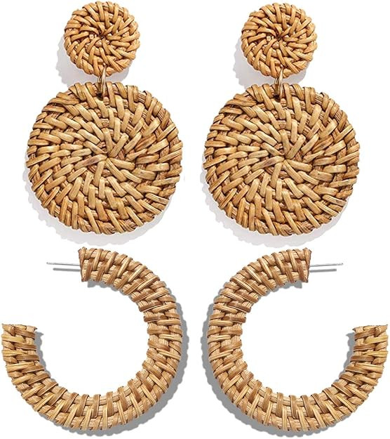 Rattan Earrings Statement Hoop Earrings for Women Straw Earrings Woven Dangle Drop Earrings (Ratt... | Amazon (US)
