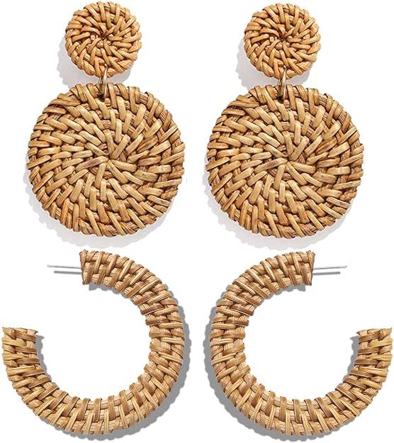 Rattan Earrings Statement Hoop Earrings for Women Straw Earrings Woven Dangle Drop Earrings (Ratt... | Amazon (US)