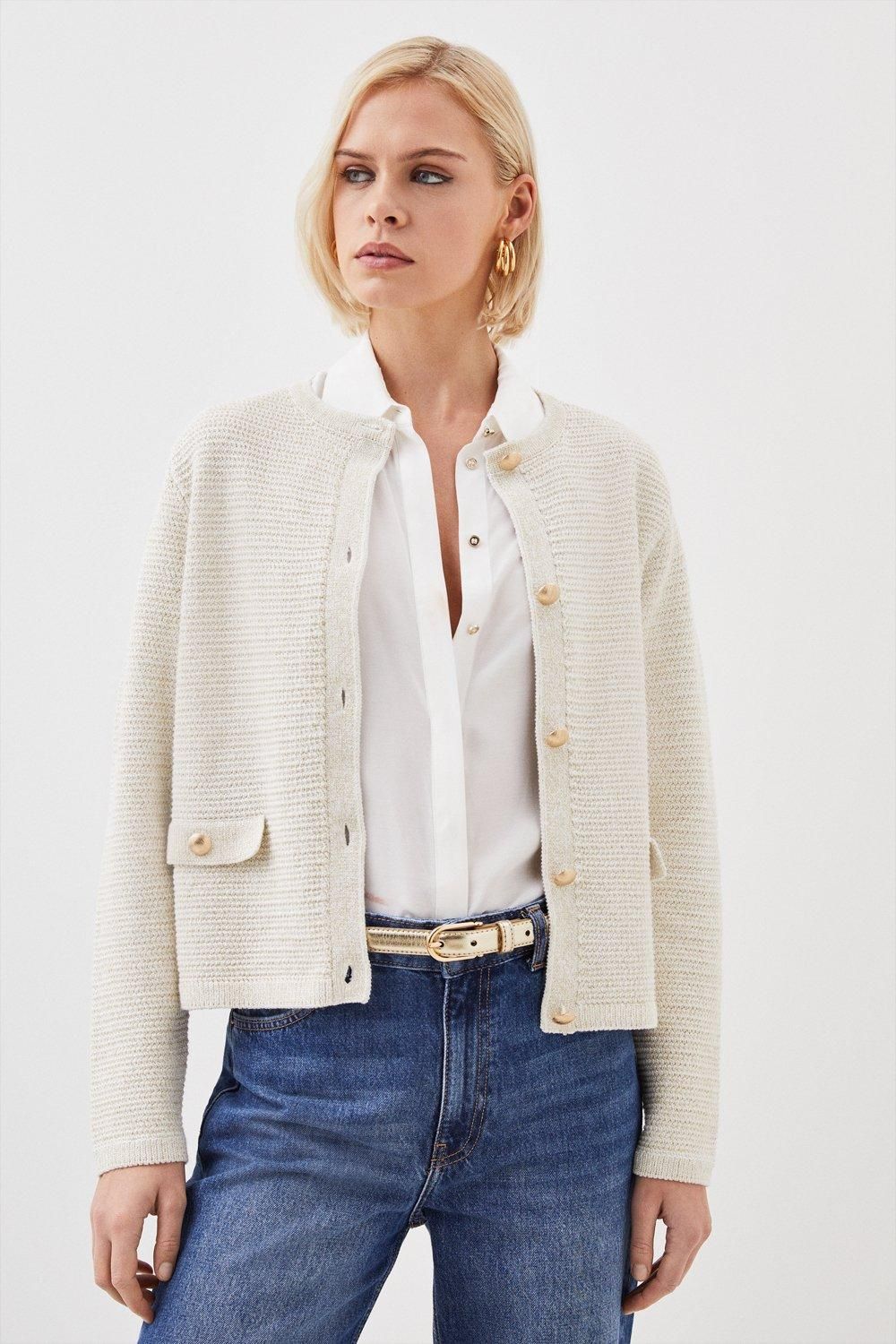Textured Sparkle Knit Trim Jacket | Karen Millen UK + IE + DE + NL