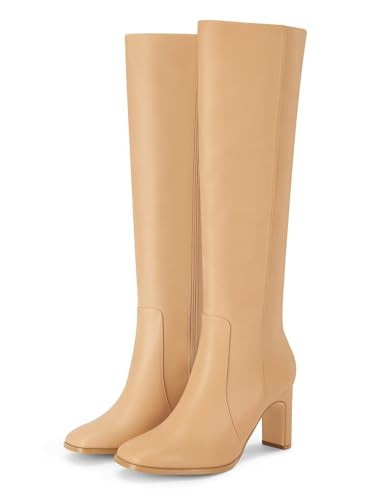 Coutgo Womens Square Toe Knee High Boots Wide Calf Chunky Heel Fashion Dressy Winter Shoes with Side Zipper,Light Brown, Size 8 | Amazon (US)