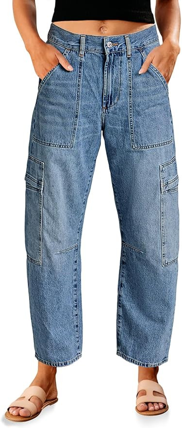 PLNOTME Womens Cargo Barrel Jeans High Waisted Boyfriend Baggy Denim Pants with 6 Pockets | Amazon (US)