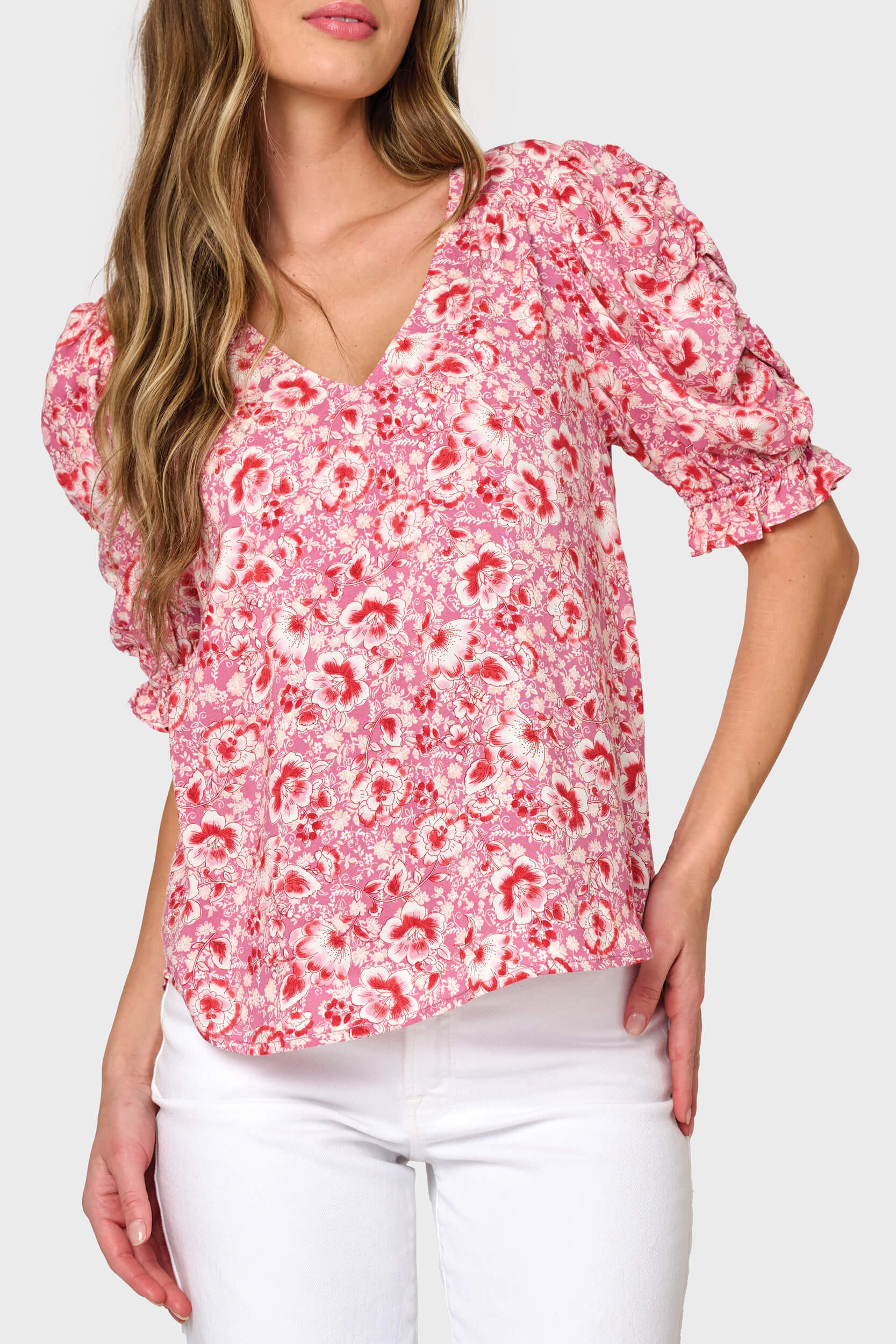 Rouched Sleeve V-Neck Blouse | Gibsonlook