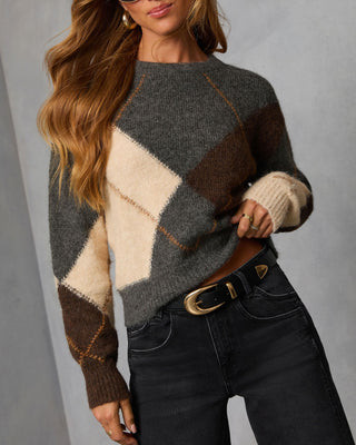 Smoky Cedar Contrast Argyle Print Crew Neck Sweater Grey / L | VICI
