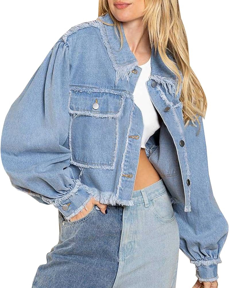 LONGBIDA Women's Jean Jacket Frayed Washed Button Up Cropped Denim Jacket With Pockets | Amazon (US)