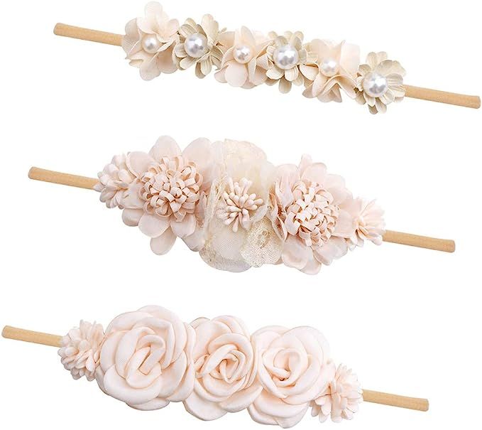 cherrboll 3pcs Baby Girl Flower Headbands, Super Soft & Stretchy Nylon Floral Hairbands for Newbo... | Amazon (US)