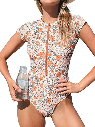 CUPSHE One Piece Swimsuit for Women High Neck Zipper Short Sleeve Bathing Suit L Orange | Amazon (US)