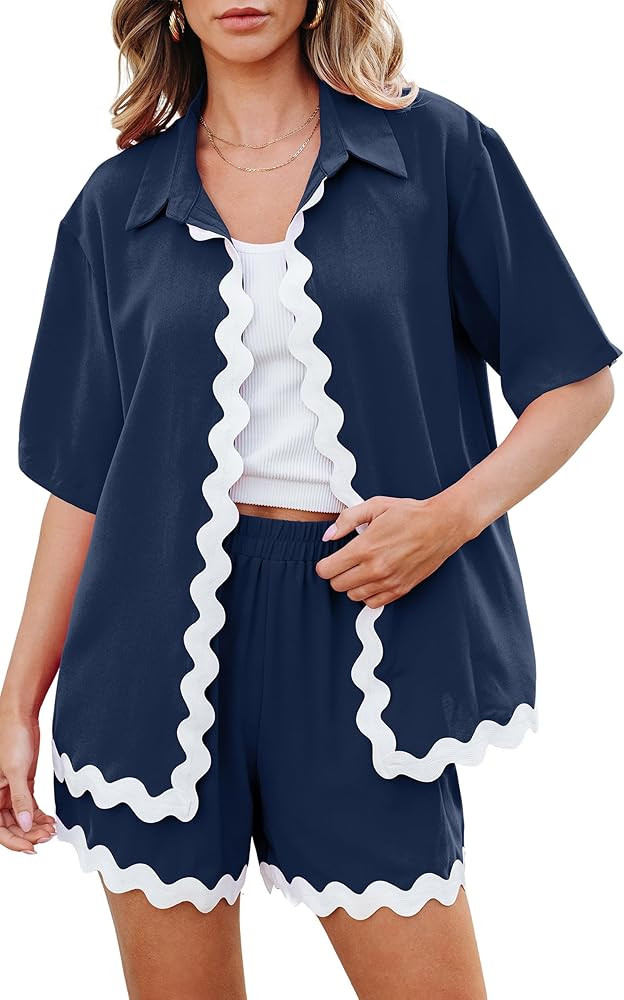 Angashion Women 2 Piece Outfits - Summer Trendy Short Sleeve Lounge Sets Casual Collared Neckline... | Amazon (US)