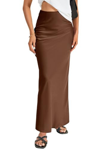 Vrtige Women's Elegant Silk Satin Elastic High Waist Zipper Flowy A Line Long Maxi Skirt Plain Brown Large | Amazon (US)