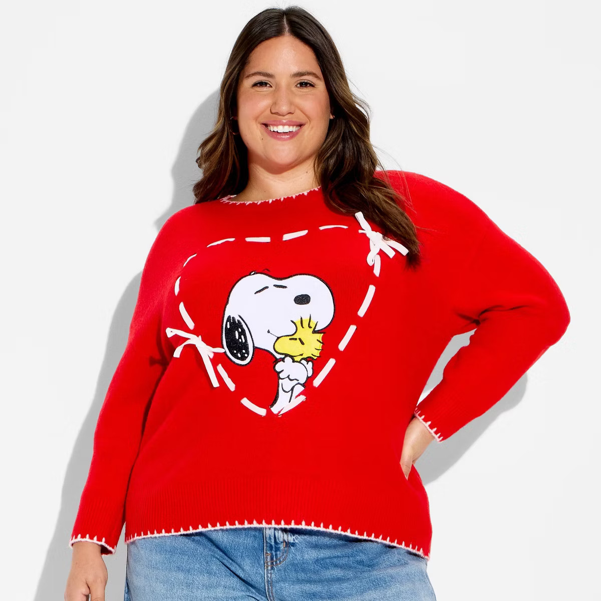 Women's Snoopy and Woodstock Heart Graphic Pullover Sweater - Cherry Red | Target