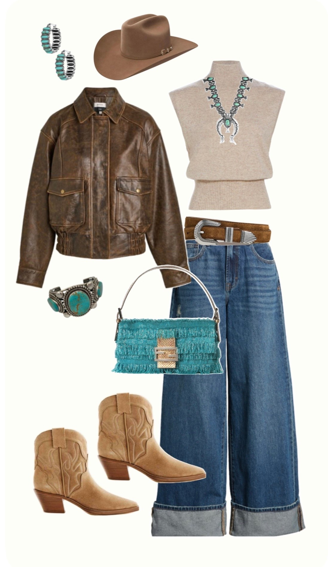 Western chic but make it casual 🤎 Turquoise, leather, and denim forever a great combo!! 

western outfit idea, cowgirl chic style, turquoise jewelry outfit, leather jacket outfit, wide leg jeans, cropped sweater outfit, suede boots outfit, ranch style fashion, rodeo outfit inspo, nashville outfit ideas, western casual look, denim and boots outfit, everyday cowgirl style, texas chic outfit 

#western #westernstyle #rodeo #cowgirl

#LTKTravel