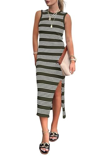 PRETTYGARDEN Womens Knit Side Slit Striped Long Tank Dress | Amazon (US)