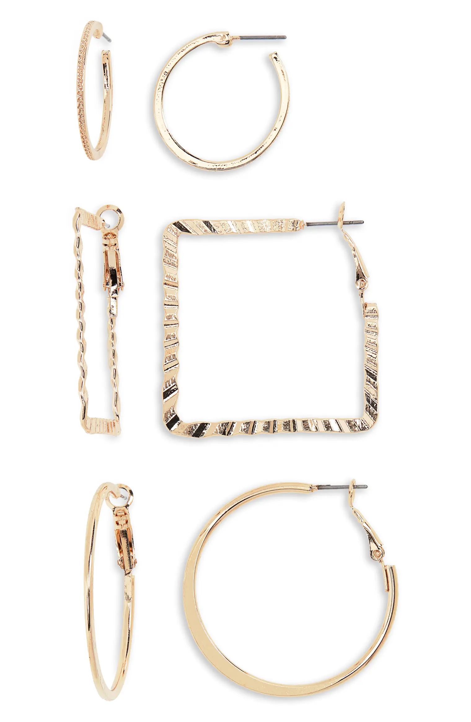 3-Pack Textured Geo Hoop Earrings | Nordstrom