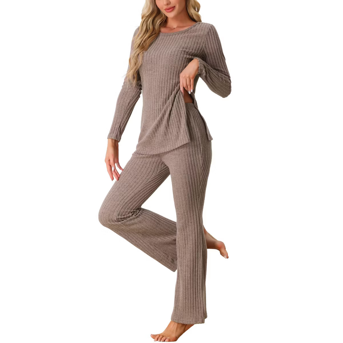 cheibear Women’s Ribbed Knit Long Sleeves Top and Pants Two Piece Pajama Sets | Target