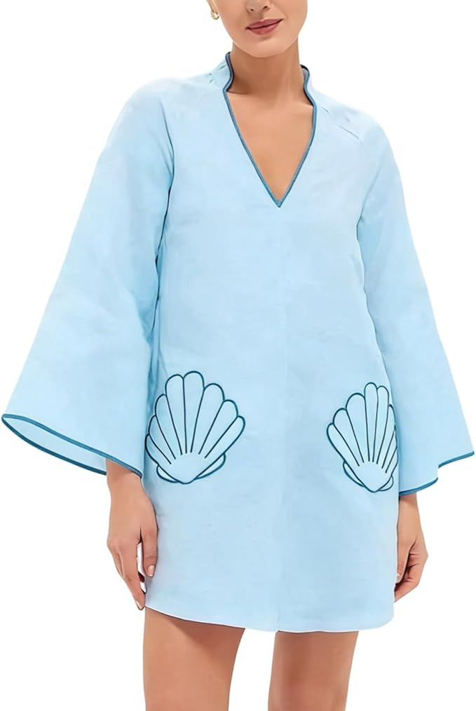 VAOYIU Women's Loose Fit V-Neck Shell Embroidery Mini Dress Casual 3/4 Sleeves Babydoll Skirts Su... | Amazon (US)