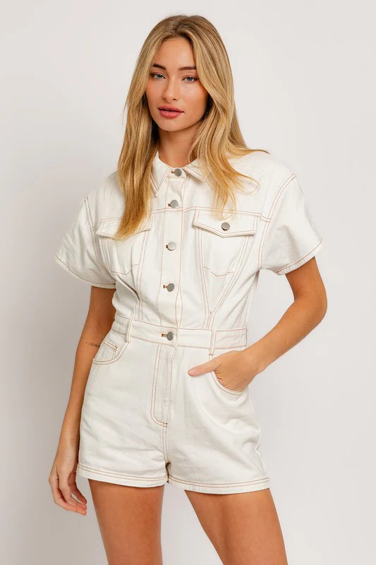Short Sleeve Denim Romper White / S | Casual Chic Boutique