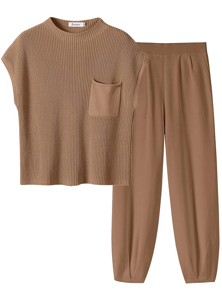 ANRABESS Women's Two Piece Outfits Knit Sweater Vest Crop Top Pants Lounge Matching Tracksuit Swe... | Amazon (US)
