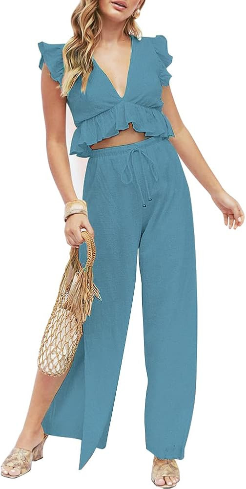 FANCYINN Womens 2 Pieces Outfits Deep V Neck Crop Top Side Slit Drawstring Wide Leg Pants Set Jum... | Amazon (US)