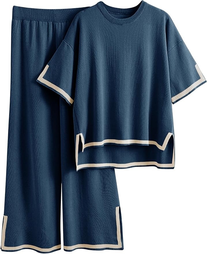 Tanming Sweater Sets Women 2 Piece Lounge Sets Short Sleeve Knit Pullover Tops Wide Leg Pants | Amazon (US)